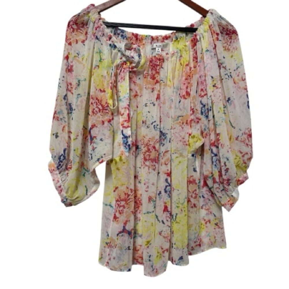 Cabi Oversized Blouse Womens Medium Rose Rainbow Watercolor Floral Dolman Sleeve